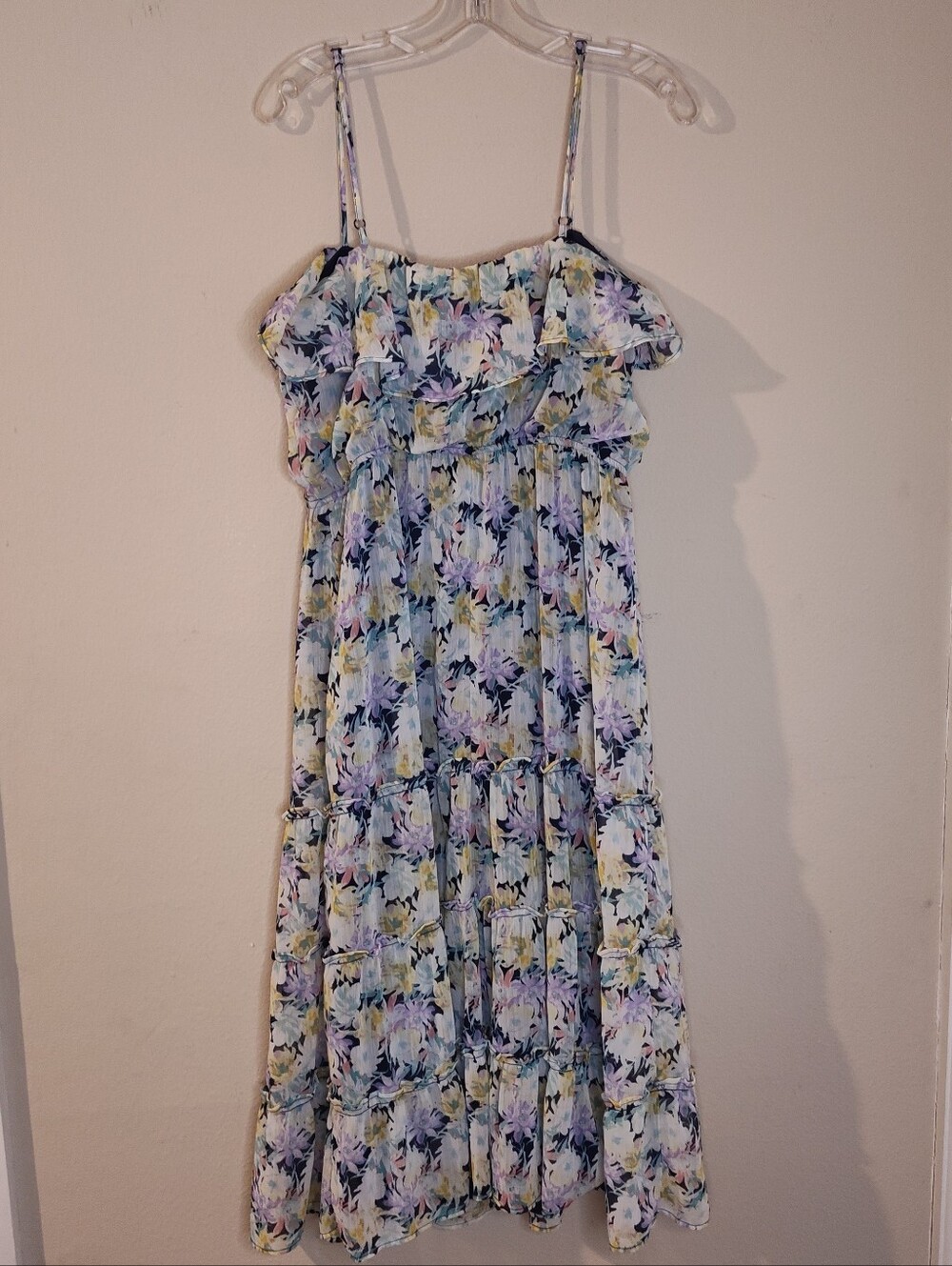 Cottagecore Floral Midi Sundress in Pastel Blues & Lilacs Tiered Ruffles Prairie - Picture 6 of 13